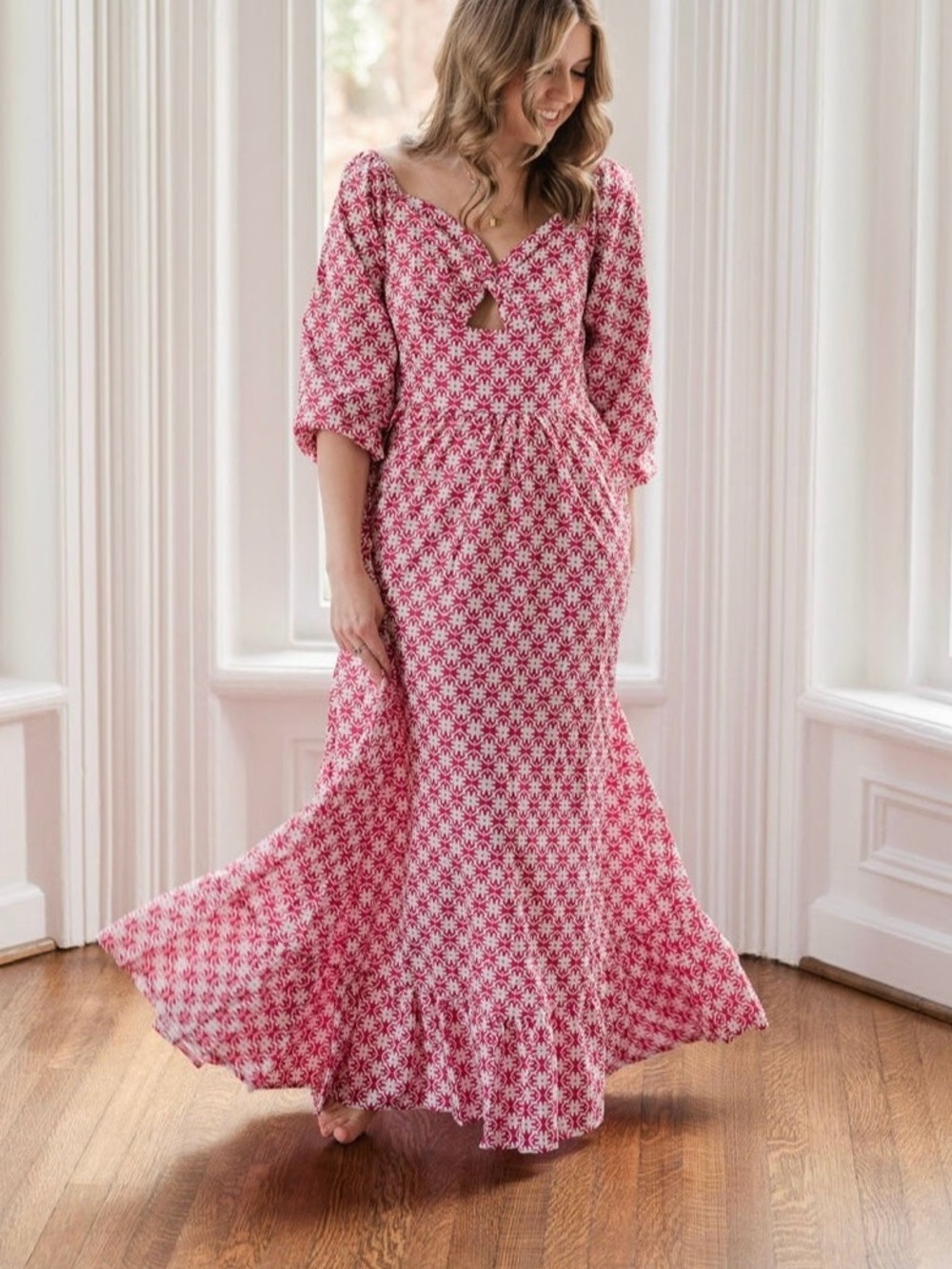 Pink Floral Maxi Dress with Keyhole Detail